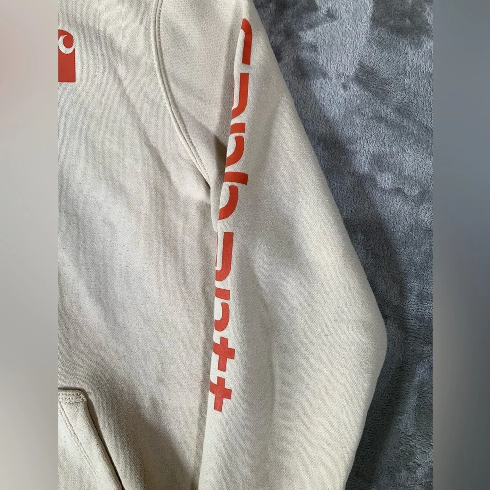 Carhartt Hoodie Boys Lg (12–14) Beige Relaxed Fit Sweatshirt Spellout Logo Baggy